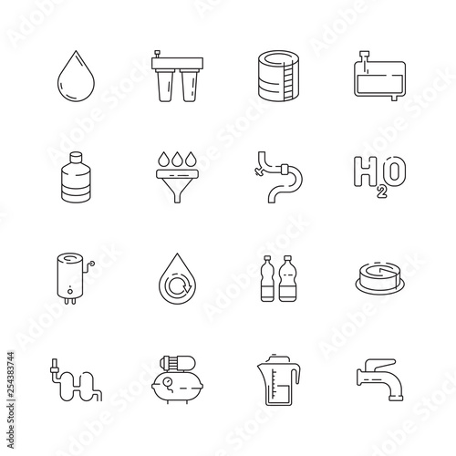 Clean water icon. Fresh drink dispenser machine purity relations eco barrel vector thin line symbols. Filtration system for purity water illustration