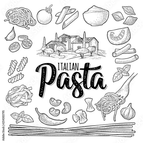 Different types macaroni and ITALIAN PASTA lettering. Vector engraving