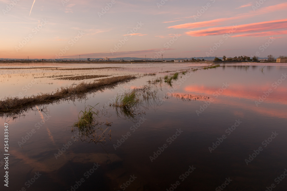 Landscape and reflections on water in Albufera lagoon, in Natural Park of Albufera, Valencia, Spain