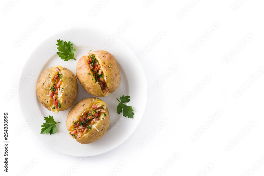 Stuffed potatoes with bacon and cheese on plate isolated on white background.. Top view. Copyspace Stuffed potatoes with bacon and cheese on plate isolated on white background.. Top view. Copyspace