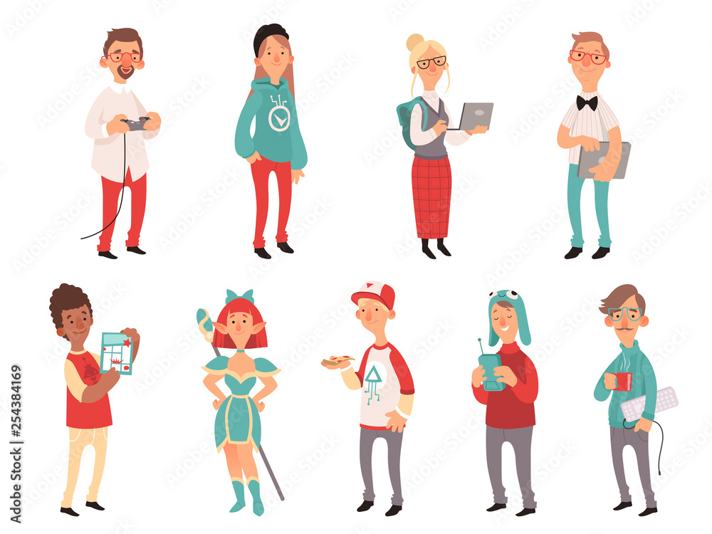 Young nerds. Smart teen geeks boys and girls teenagers technology lovers vector characters. Illustration of nerd and geek, girl teen and boy Young nerds. Smart teen geeks boys and girls teenagers technology lovers vector characters. Illustration of nerd and geek, girl teen and boy