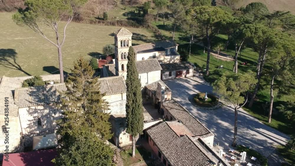 Sanctuary of Vescovio ( Lazio, Italy ). Church and bell tower in Sabina. Aerial view Sanctuary of Vescovio ( Lazio, Italy ). Church and bell tower in Sabina. Aerial view