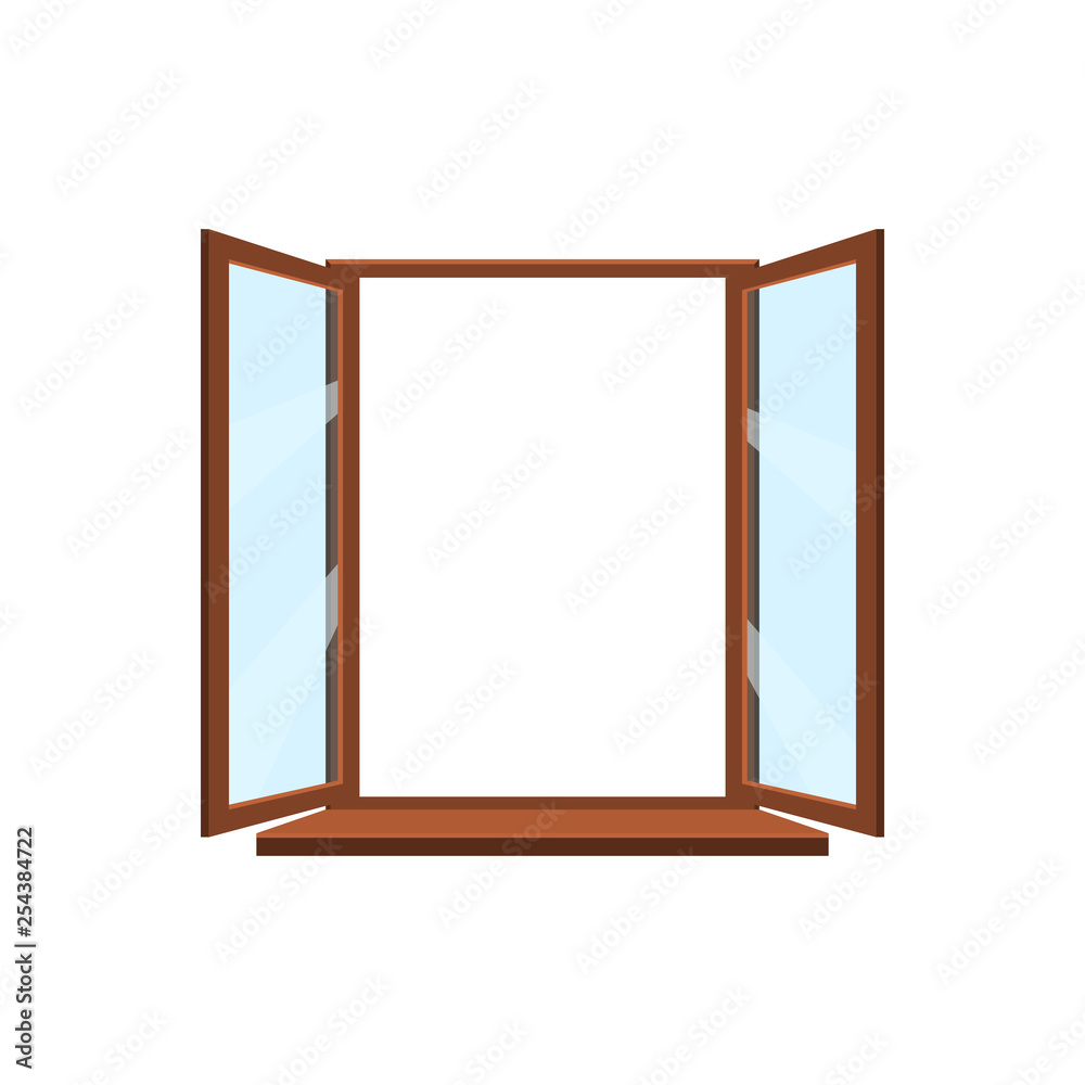 Vector open window. Window with brown frame, sill and blue glass on white background. Flat style vector illustration. Vector open window. Window with brown frame, sill and blue glass on white background. Flat style vector illustration.