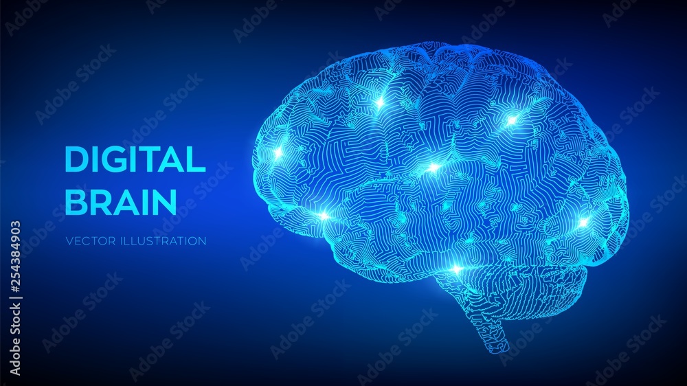 Brain. Digital brain. 3D Science and Technology concept. Neural network. IQ testing, artificial intelligence virtual emulation science technology. Brainstorm think idea. Vector illustration. Brain. Digital brain. 3D Science and Technology concept. Neural network. IQ testing, artificial intelligence virtual emulation science technology. Brainstorm think idea. Vector illustration.
