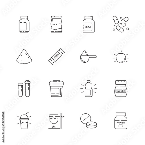 Sport nutrition icon. Vitamine active supplement food fitness industry pills whey protein health vector thin line symbols. Protein for sport, energy nutrition illustration