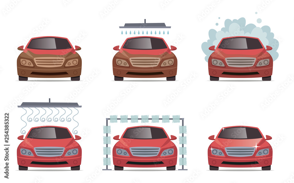Car wash. Transport automobile water wash service vector collection set. Illustration of automobile car service, auto wash