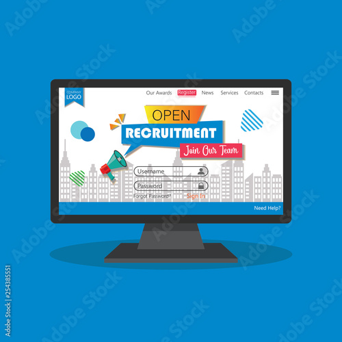 Computer with open recruitment website address. Display of interface web browser for new recruitment concept. Employment recruitment business for great workers. Cool vector illustration.
