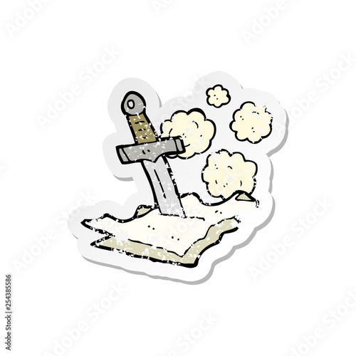 retro distressed sticker of a cartoon dagger in papers