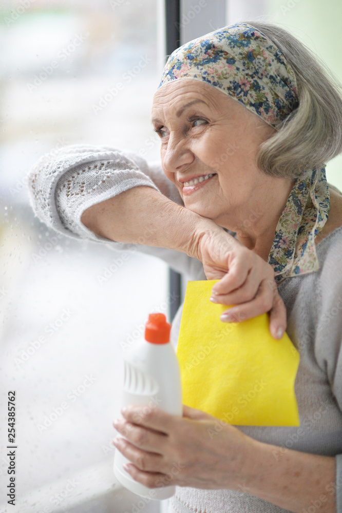 Portrait of senior beautiful woman posing and cleaning window at home Portrait of senior beautiful woman posing and cleaning window at home