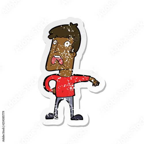 retro distressed sticker of a cartoon complaining man