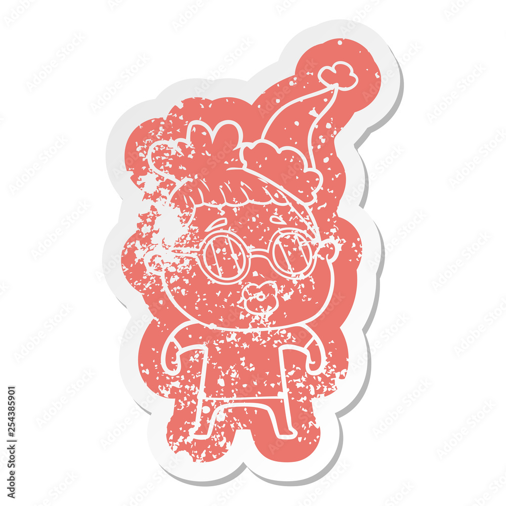 cartoon distressed sticker of a woman wearing spectacles wearing santa hat cartoon distressed sticker of a woman wearing spectacles wearing santa hat