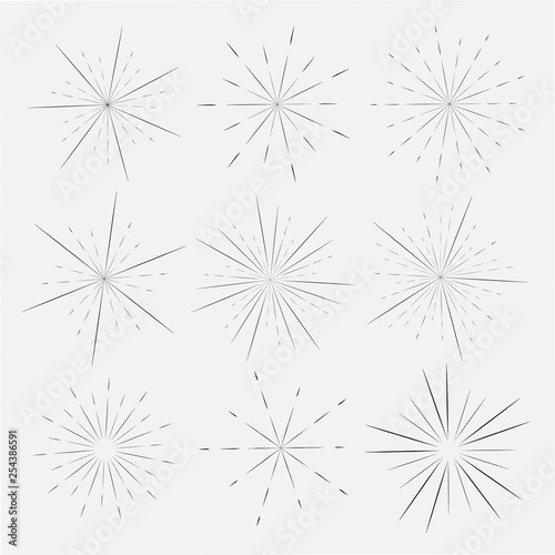 Set of sunburst style isolated on white background, Bursting rays vector illustration.