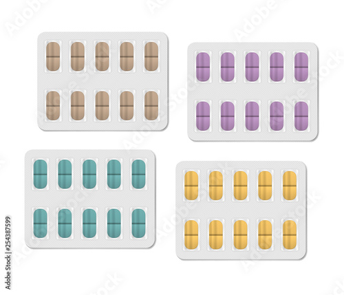 Medical pill blister set isolated on white background. Ten colored oblong medicine tablets per pack, vector template