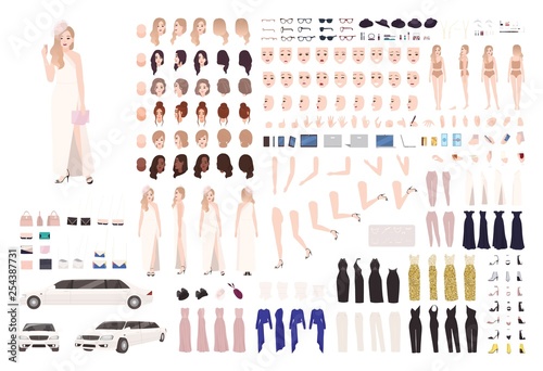 Fashionable celebrity woman animation set or DIY kit. Bundle of body elements, gestures, postures, stylish evening outfits. Female cartoon character. Front, side, back views. Flat vector illustration.