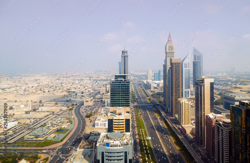 Obraz premium Panorama skyscrapers buildings Dubai city, United Arab Emirates