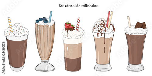 Set of refreshing summer drinks. Various milkshakes with chocolate on white background.