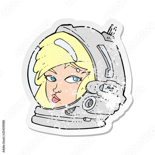 retro distressed sticker of a cartoon female astronaut