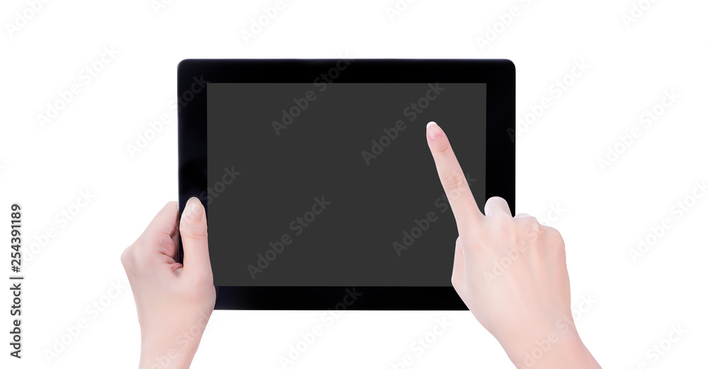 Young beautiful girl holding a black tablet pc template with gray screen isolated on white background, close up, mock up, clipping path, cut out Young beautiful girl holding a black tablet pc template with gray screen isolated on white background, close up, mock up, clipping path, cut out