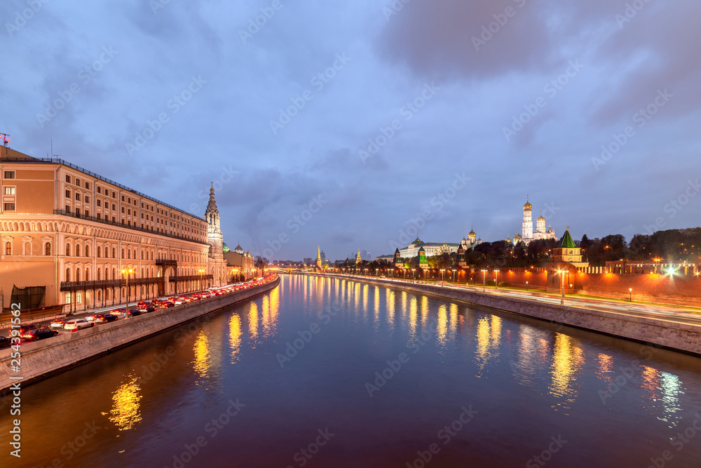 Fototapeta premium Moscow Kremlin embankment in the summer evening, Overcast, rainy night