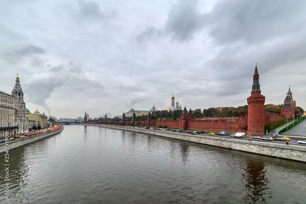 Moscow Kremlin embankment in the summer evening, An overcast, rainy day.