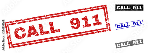 Grunge CALL 911 rectangle stamp seals isolated on a white background. Rectangular seals with distress texture in red, blue, black and gray colors.