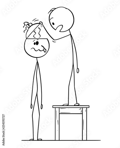 Cartoon stick figure drawing conceptual illustration of man looking in to empty head of crazy or dull man finding no brain inside or brainless.