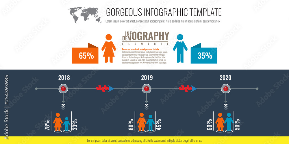Business statistics for demographics population infographic timeline chart. Man and woman icon vector illustration.