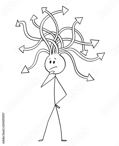 Cartoon stick figure drawing conceptual illustration of man or businessman with many arrows coming from his head and thinking about business strategy or problem.