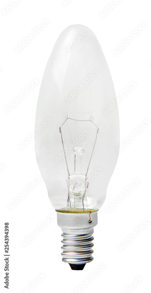 Incandescent lamp on a white isolated background. Side view. Close-up. Incandescent lamp on a white isolated background. Side view. Close-up.
