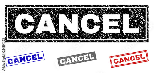 Grunge CANCEL rectangle stamp seals isolated on a white background. Rectangular seals with grunge texture in red, blue, black and grey colors.