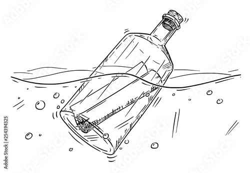 Cartoon drawing illustration of paper message in old glass bottle floating in ocean.