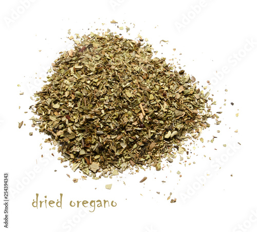 A handful of dried oregano. White isolated background. View from above.