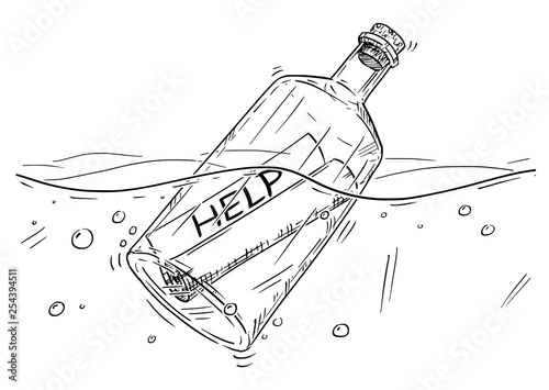 Cartoon drawing illustration of paper help message in old glass bottle floating in ocean.