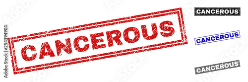 Grunge CANCEROUS rectangle stamp seals isolated on a white background. Rectangular seals with grunge texture in red, blue, black and gray colors.