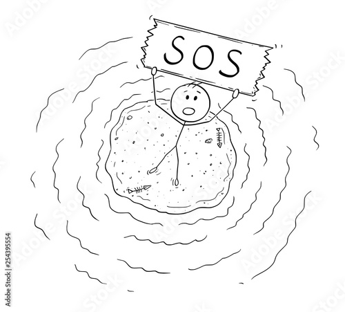 Cartoon stick figure drawing conceptual illustration of aerial view of castaway man surviving alone on small island and holding SOS sign.