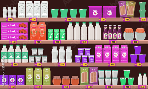 Supermarket, shelf with food and drinks package boxes. Price tag on racks. Illustration with flat and solid color design.