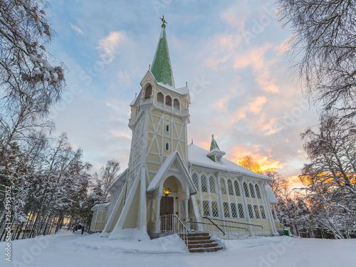 New Church of Jokkmokk in winter at dawn, Norrbotten Province, Sweden.  photo