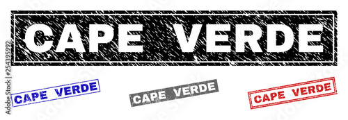 Grunge CAPE VERDE rectangle stamp seals isolated on a white background. Rectangular seals with grunge texture in red, blue, black and gray colors.