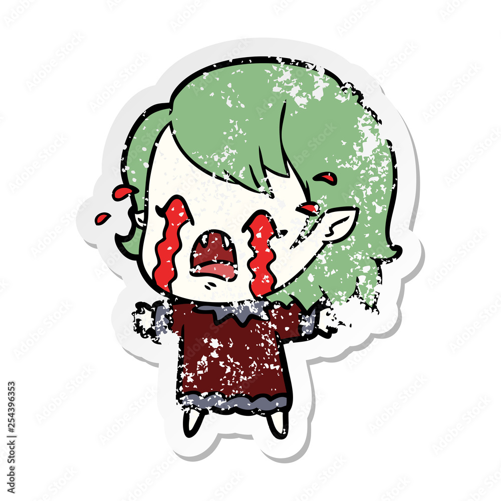 distressed sticker of a cartoon crying vampire girl