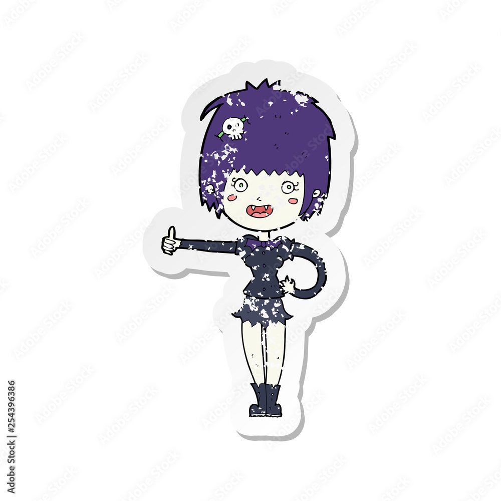 retro distressed sticker of a cartoon vampire girl giving thumbs up sign retro distressed sticker of a cartoon vampire girl giving thumbs up sign