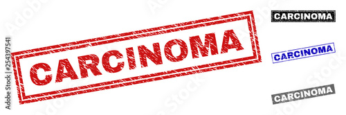 Grunge CARCINOMA rectangle stamp seals isolated on a white background. Rectangular seals with grunge texture in red, blue, black and grey colors.