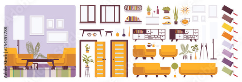 Living room interior, home or office creation kit, lounge set with bright yellow furniture, constructor elements to build your own design. Cartoon flat style infographic illustration and color palette