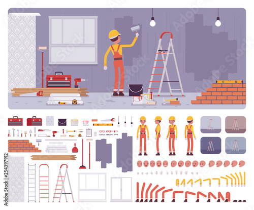 Repair of apartments workplace interior, worker painting walls creation kit, professional internal decoration set, constructor elements to build own design. Cartoon flat style infographic illustration