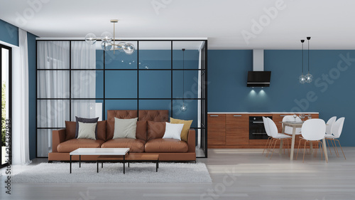 Modern house interior. Bedroom with glass partitions.  3D rendering.