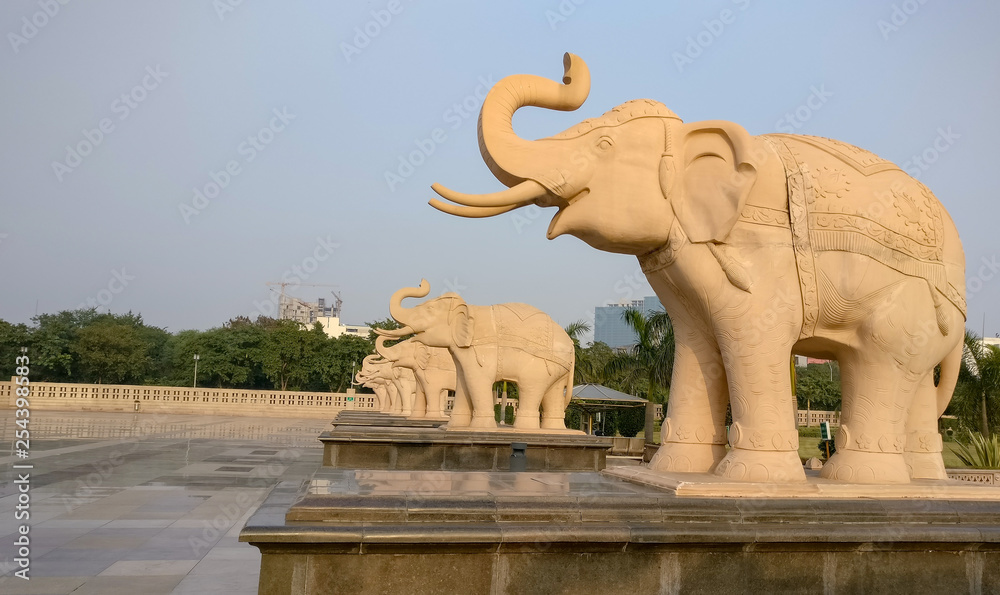 Elephant statues at the Ambedkar park Rashtriya Dalit Prerna Pratibimb Sthal Noida, Lucknow Uttar Pradesh shot at noon. 
