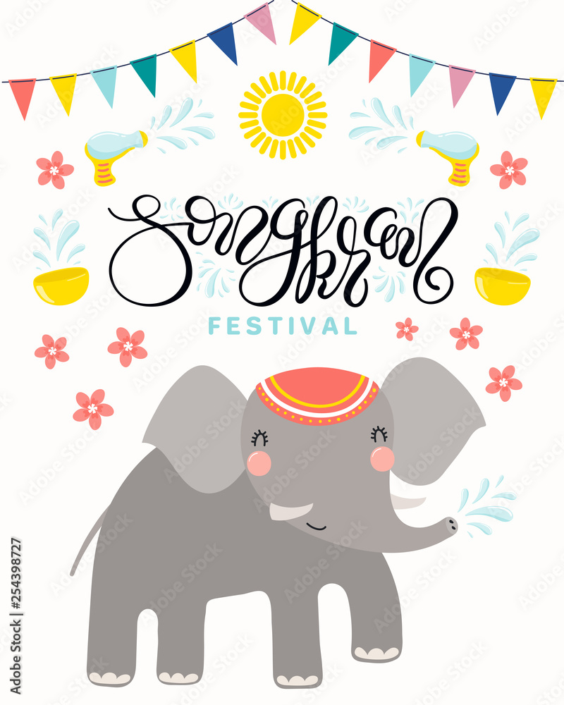 Fototapeta premium Songkran festival poster with cute elephant splashing water, lettering, decorative elements. Isolated objects on white background. Vector illustration. Design concept for Thai new year celebration.