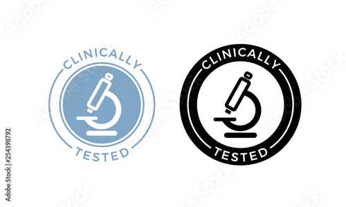 Microscope clinically tested vector icon. Medically approved product health safe certificate microscope label seal photo