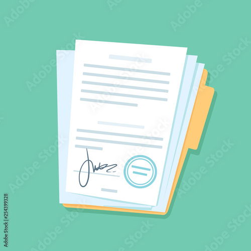Signed paper documents. Manual signature on important office papers, stamped documentation files in files folder vector illustration