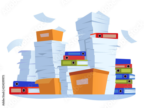 Unorganized paperwork. Paper documents stack, office work documentation disarray cartoon illustration