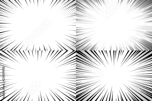 Speed lines background. Comic action strips, speedy line strips template and fast explosion manga or comics vector backgrounds set